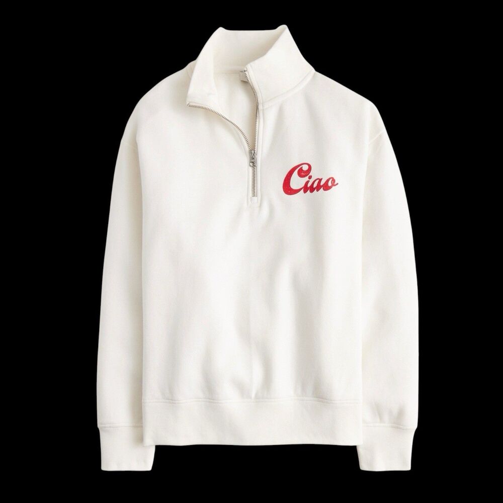 J Crew Sweatshirt Womens Small 1/4 Zip Pullover Off White Red Ciao Italy Preppy